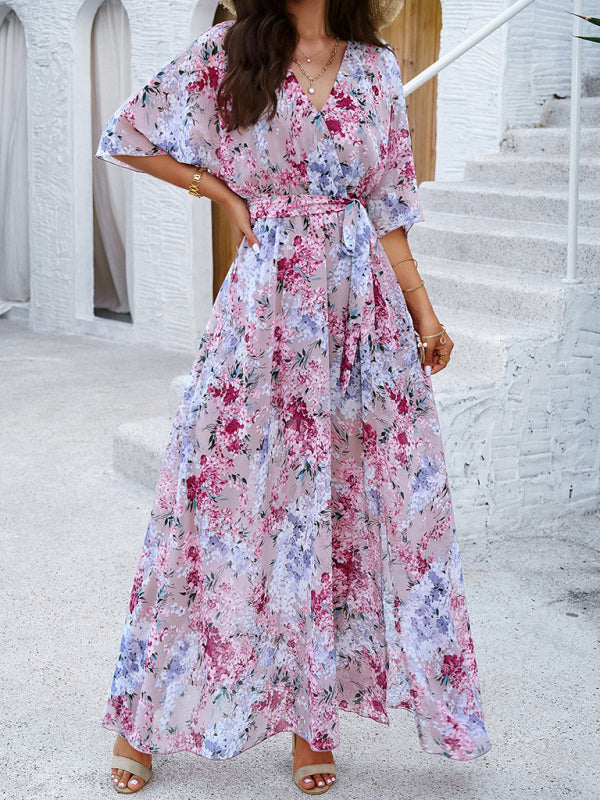 Holiday pink printed tie maxi dress