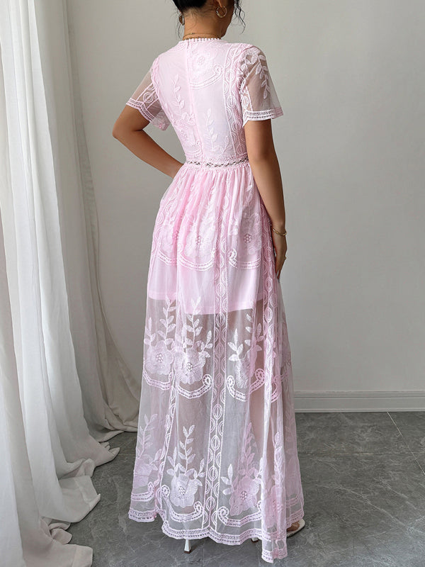 Pink Lace Hollow Short Sleeve Dress