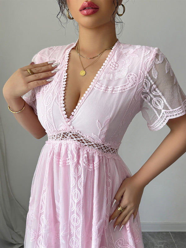 Pink Lace Hollow Short Sleeve Dress