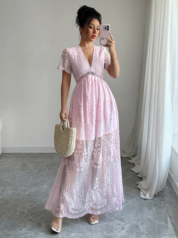 Pink Lace Hollow Short Sleeve Dress