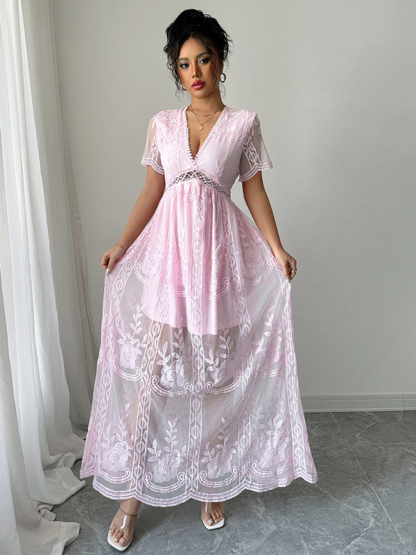 Pink Lace Hollow Short Sleeve Dress