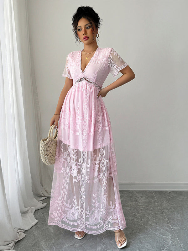 Pink Lace Hollow Short Sleeve Dress