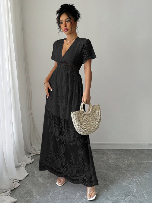 Black lace hollow short sleeve dress