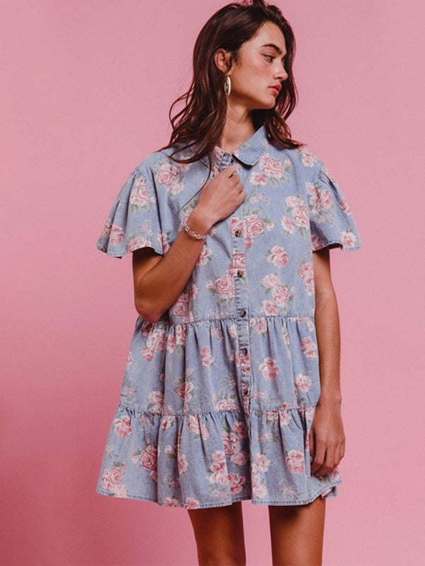 Light blue floral print denim A-line lapel shirt dress