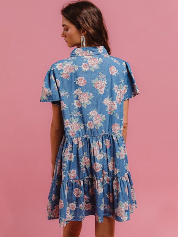 Blue Floral Print Denim A-Line Lapel Shirt Dress