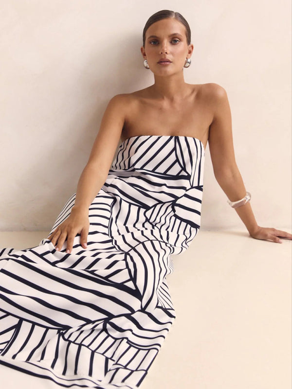 Sexy strapless black striped print dress