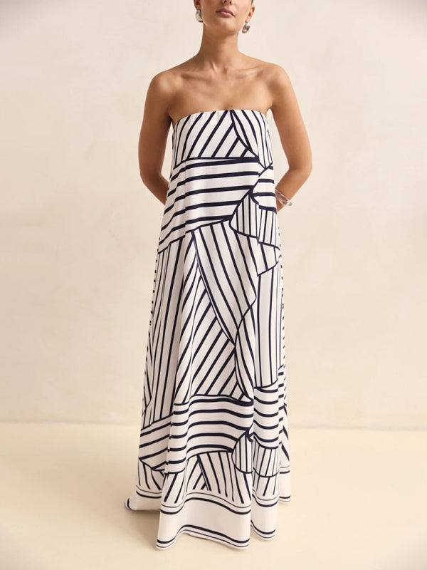 Sexy strapless black striped print dress