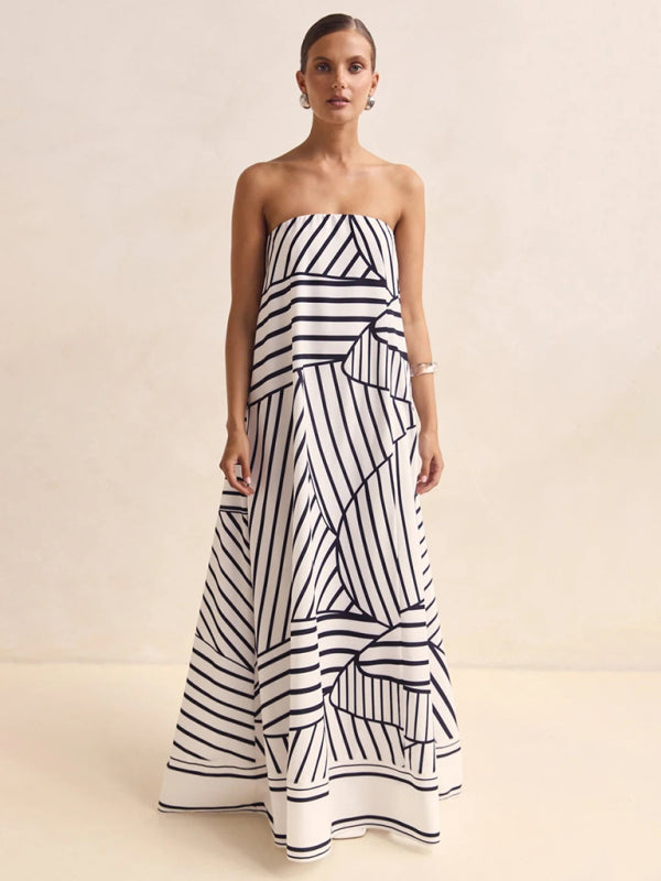 Sexy strapless black striped print dress