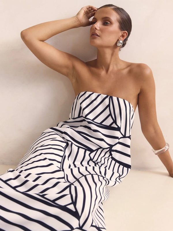 Sexy strapless black striped print dress