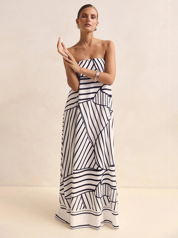 Sexy strapless black striped print dress