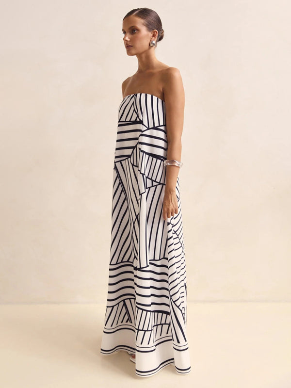 Sexy strapless black striped print dress