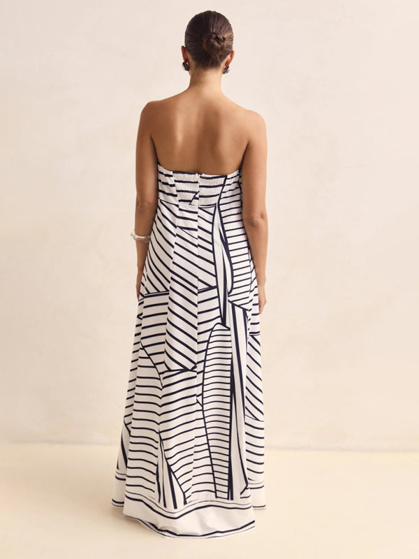 Sexy strapless black striped print dress