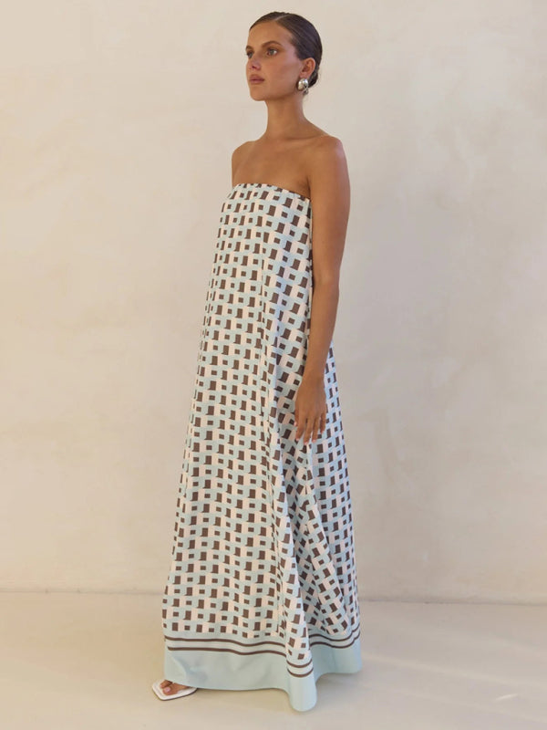 Sexy strapless off-shoulder brown checkered print dress