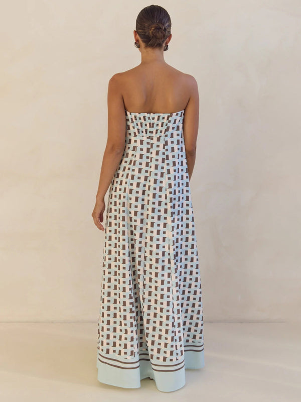 Sexy strapless off-shoulder brown checkered print dress