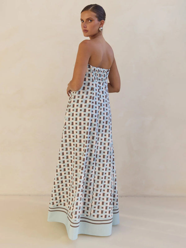 Sexy strapless off-shoulder brown checkered print dress