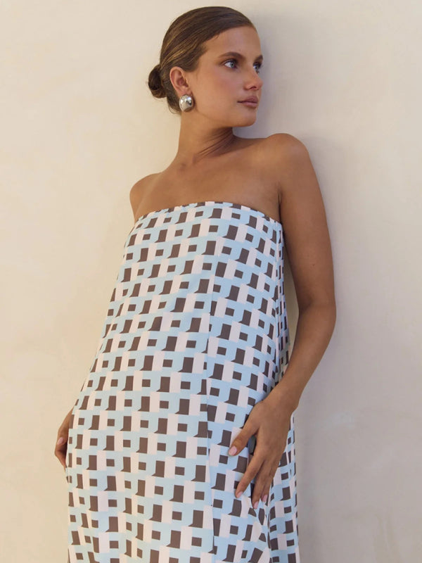 Sexy strapless off-shoulder brown checkered print dress