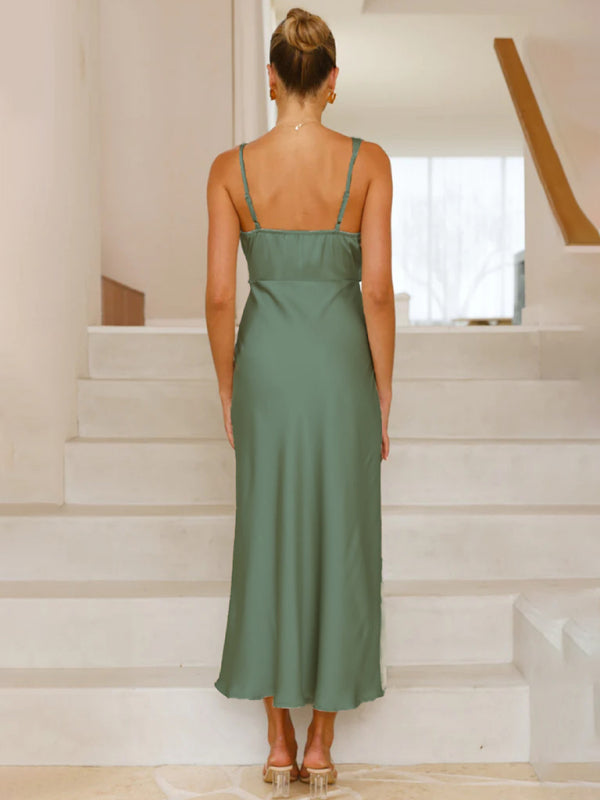 Women's solid color satin satin suspender sexy dress