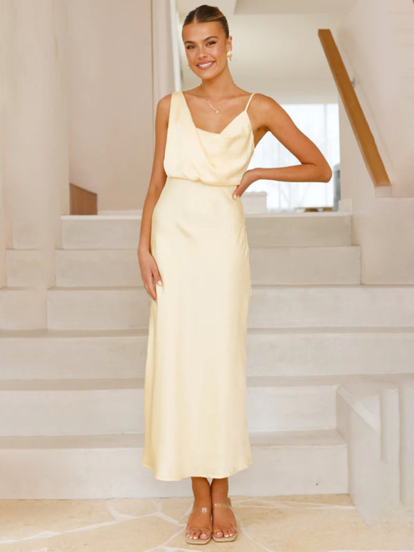 Women's solid color satin satin suspender sexy dress