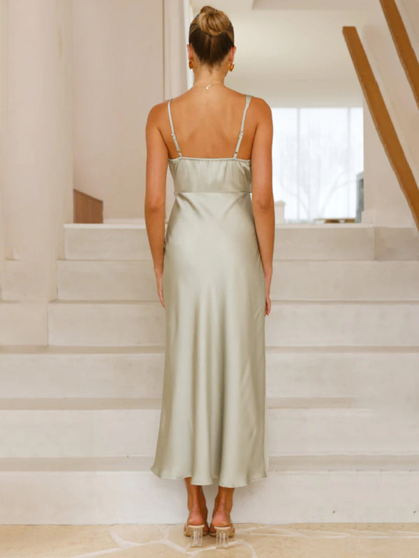 Women's solid color satin satin suspender sexy dress