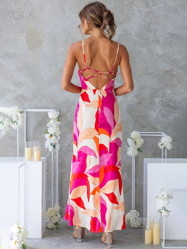 Fashionable leaf print sleeveless backless dress