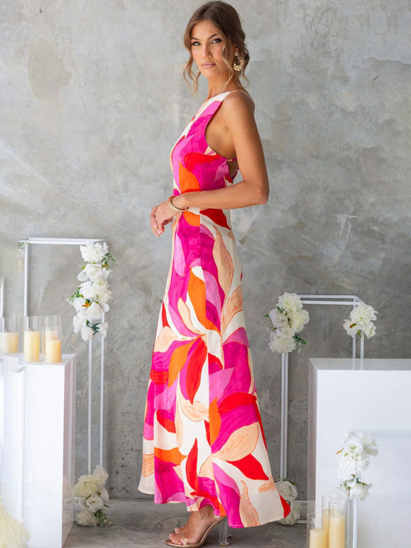 Fashionable leaf print sleeveless backless dress