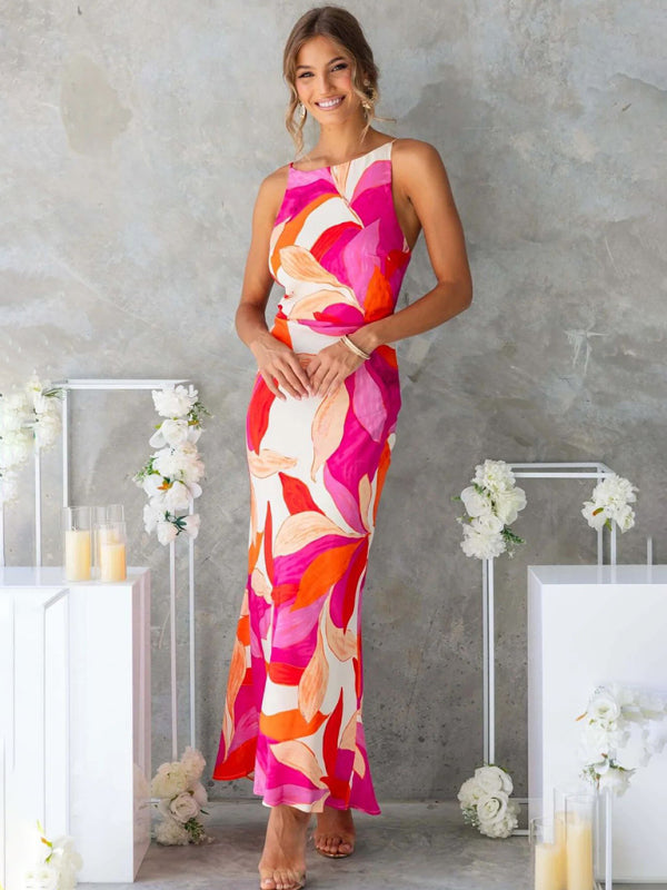 Fashionable leaf print sleeveless backless dress