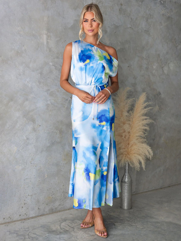 Light blue sleeveless printed dress with slit hem