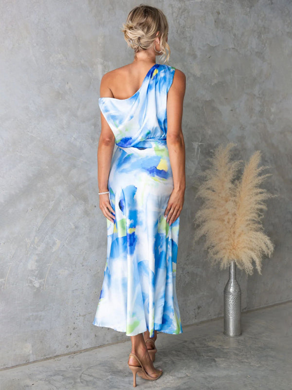 Light blue sleeveless printed dress with slit hem