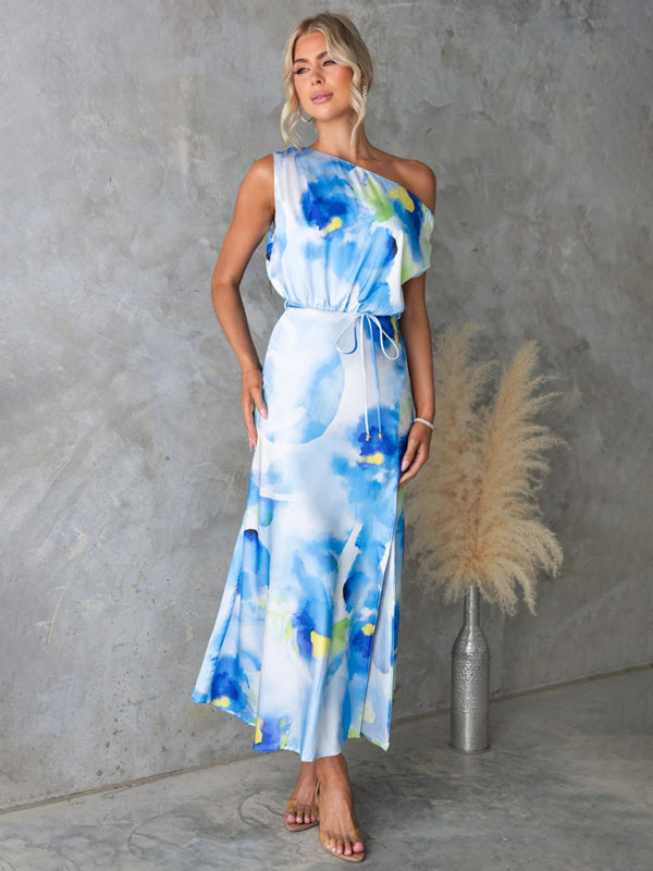Light blue sleeveless printed dress with slit hem