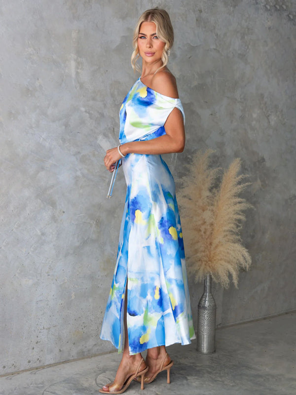 Light blue sleeveless printed dress with slit hem