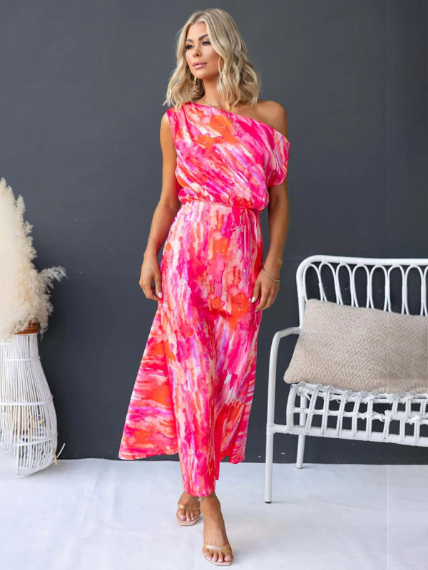 Rose red sleeveless printed dress with slit hem