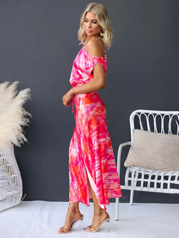 Rose red sleeveless printed dress with slit hem