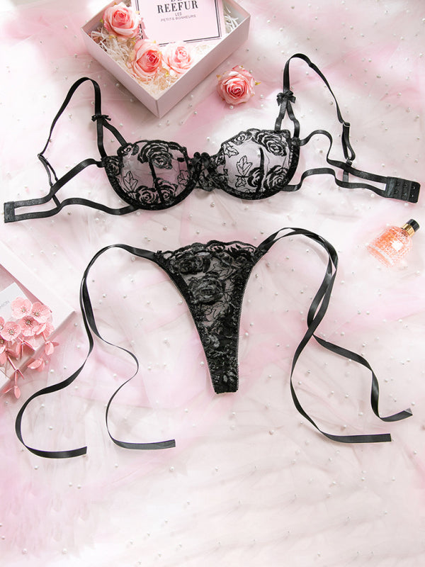 Sexy embroidered string bra date essential fun set
