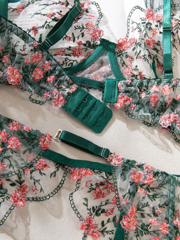Sexy embroidered bra see-through underwear four-piece set