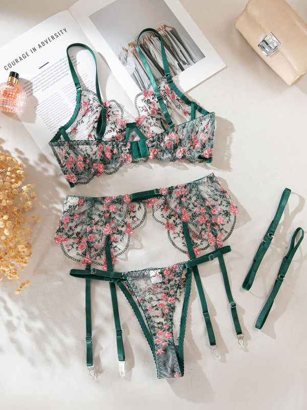 Sexy embroidered bra see-through underwear four-piece set