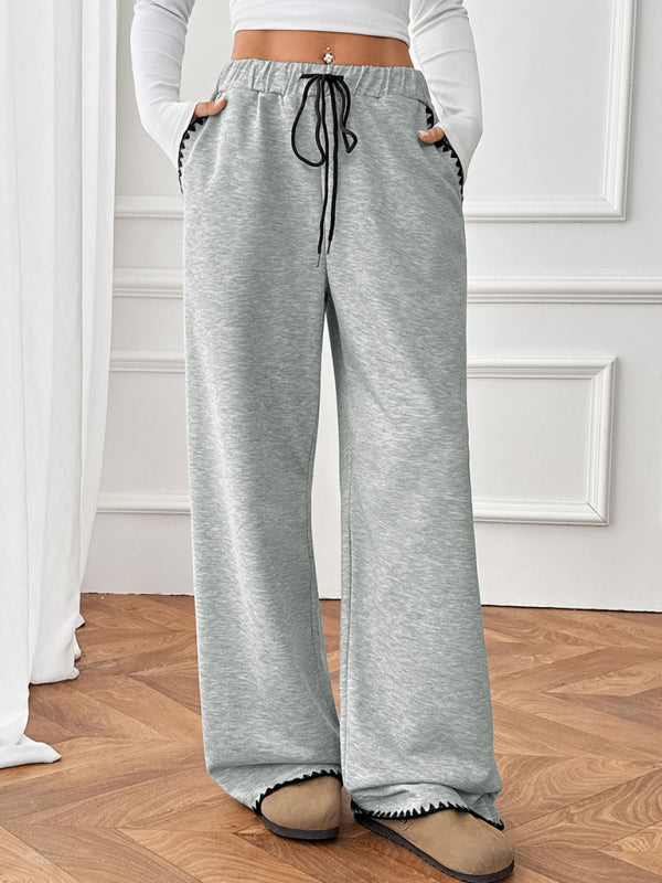 Belted casual straight-leg pants with contrasting trim and elastic waist