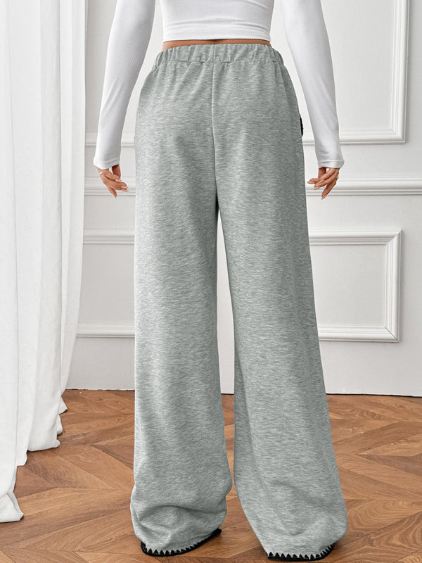 Belted casual straight-leg pants with contrasting trim and elastic waist