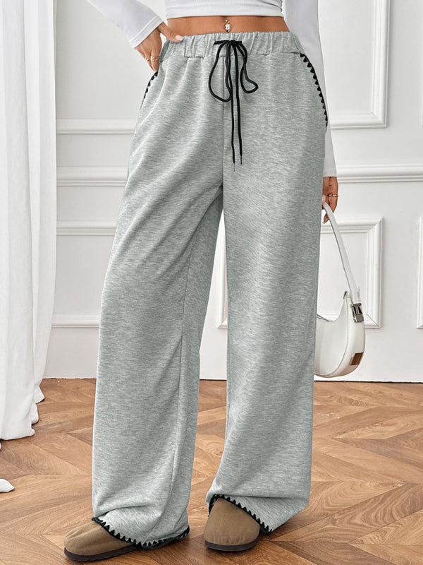 Belted casual straight-leg pants with contrasting trim and elastic waist