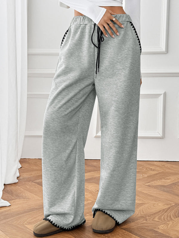 Belted casual straight-leg pants with contrasting trim and elastic waist