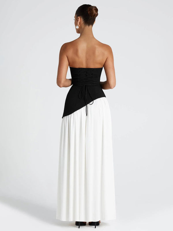 Black and white colorblock tube top solid color open back slit dress