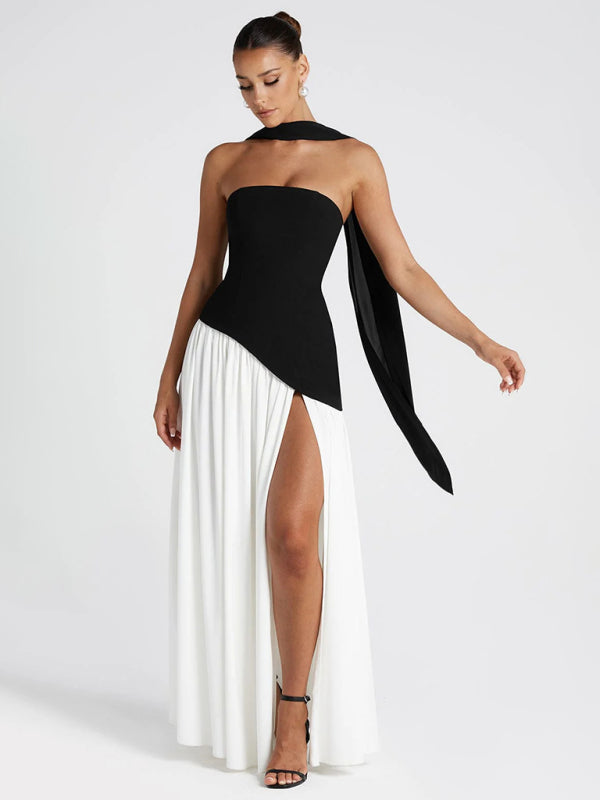 Black and white colorblock tube top solid color open back slit dress