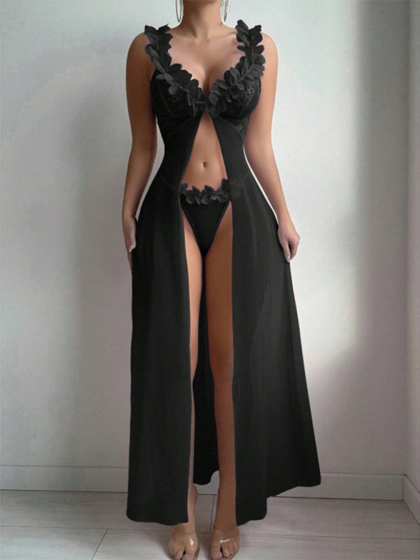 Sexy and sexy lingerie set with slits, see-through slip dress, long skirt, 2-piece set