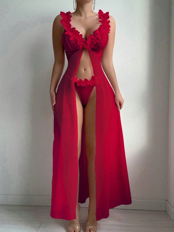 Sexy and sexy lingerie set with slits, see-through slip dress, long skirt, 2-piece set