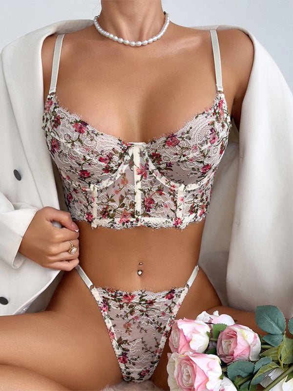 Country style hot-selling sexy lingerie set with lace print camisole, boning, comfortable and breathable, push-up design