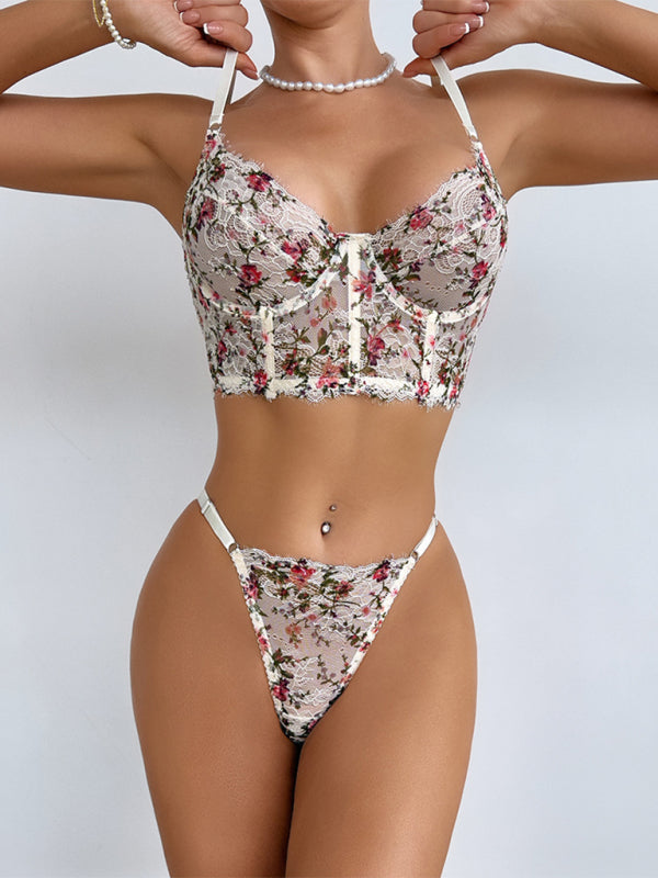 Country style hot-selling sexy lingerie set with lace print camisole, boning, comfortable and breathable, push-up design