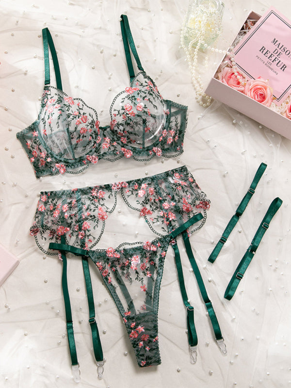 New Fresh Floral Print Sexy See-through Embroidered Underwire Push-up Bra Waist Belt Leg Cover Multi-piece Set