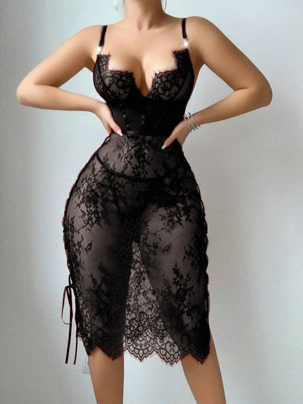 Red Lace Hollow-Out Sexy Bodycon Lingerie Dress