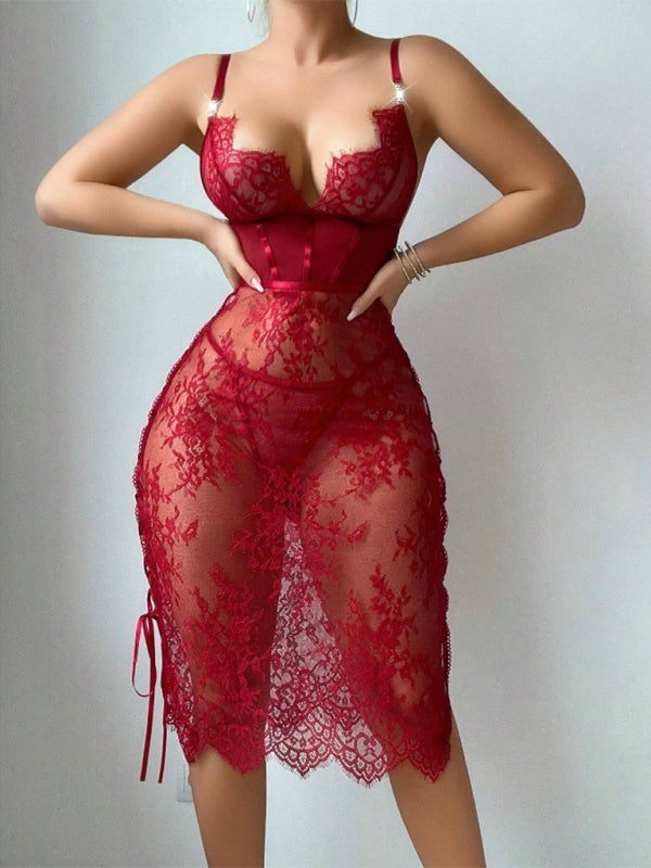 Red Lace Hollow-Out Sexy Bodycon Lingerie Dress