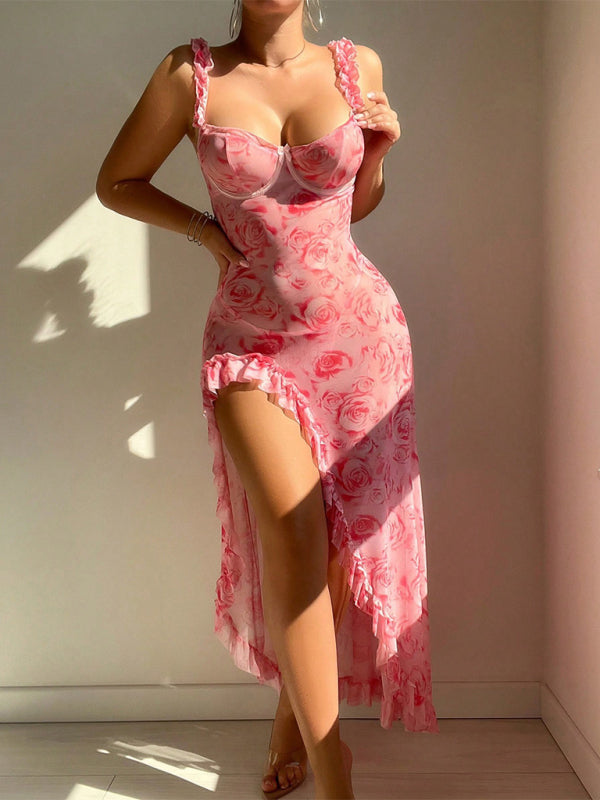 New women's floral print halter dress with slit, sexy lingerie